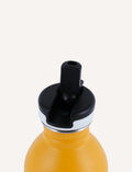Close-up of the black straw lid on an orange stainless steel water bottle.