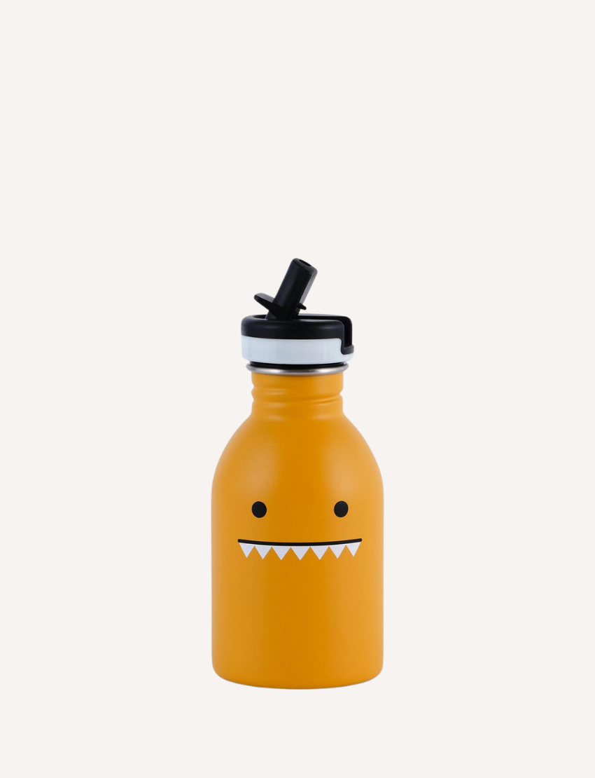 An orange stainless steel water bottle with a black straw lid and a cute monster face design.
