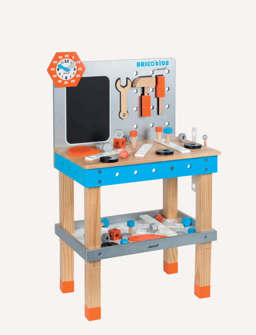 Janod BricoKids Giant Magnetic Wooden Workbench with tools and accessories for imaginative play.