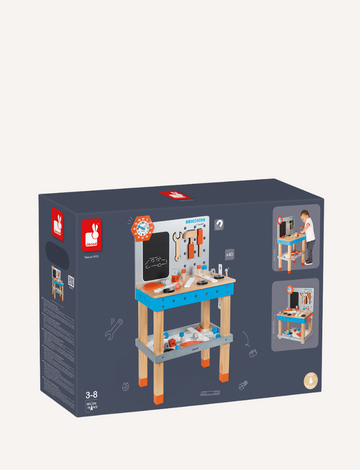 Janod Magnetic Workbench box showing a child with tools and wooden construction play.