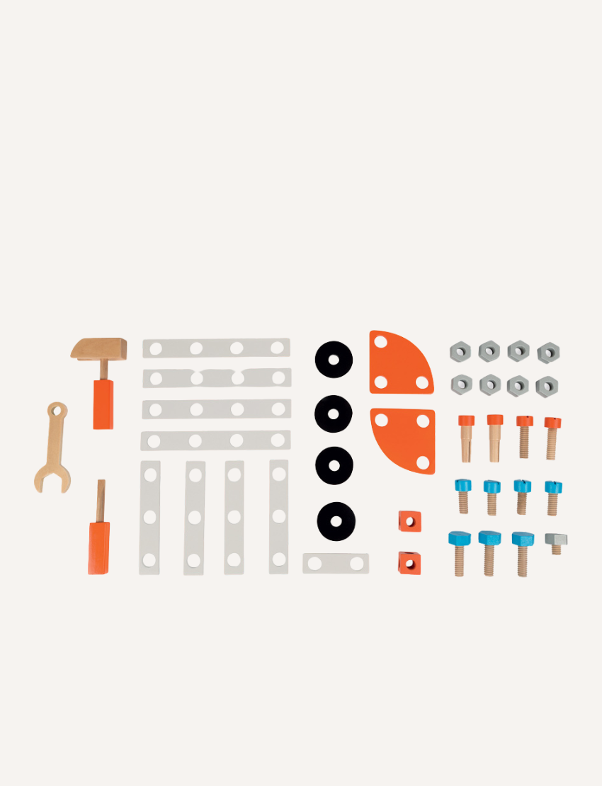 Assortment of wooden toy building components, including gears, screws, bolts, and tools.