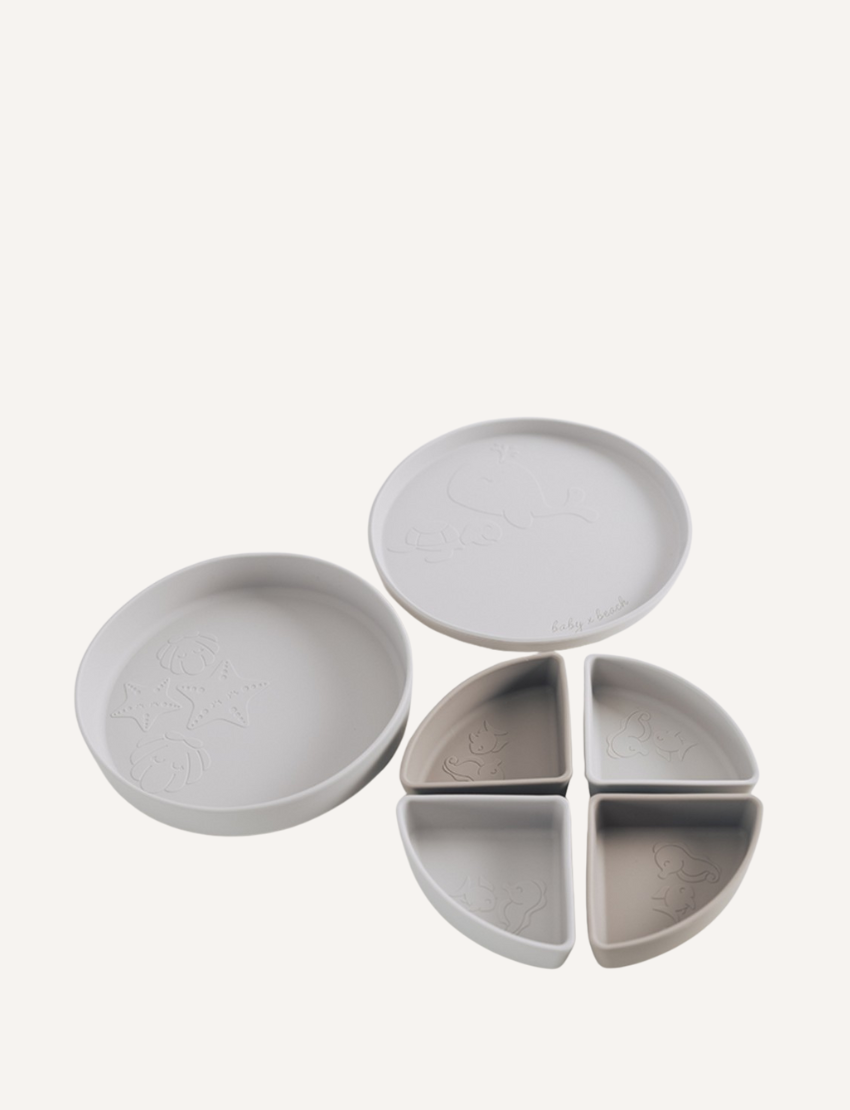 Light Grey Silicone Divided Plates with starfish & sea creature embossed details.
