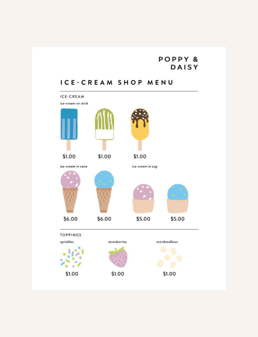 The Play Way Ice Cream Parlour with Menu, a wooden playset featuring cones, popsicles, money, and tongs for imaginative play.