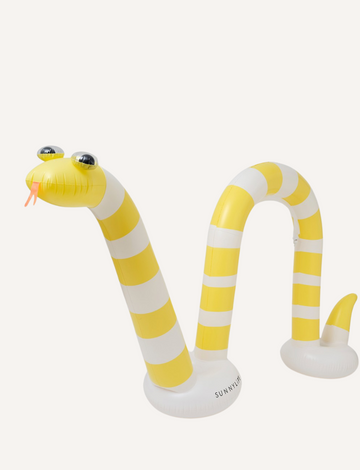 Experience backyard fun with the Giant Sunnylife Snake Sprinkler and Pump by The Play Way. This inflatable pool float is designed as a yellow and white striped snake, complete with exaggerated eyes and a playful tongue. Made from durable PVC, it ensures stability with two supporting circular float basesāan ideal companion for your summer adventures.