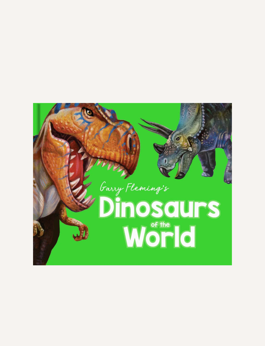 Cover of "Garry Fleming's Dinosaurs of the World" book featuring a T-Rex and Triceratops.