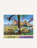 Book illustration depicting Triassic and Jurassic periods with dinosaurs, pterodactyls, and volcanoes.
