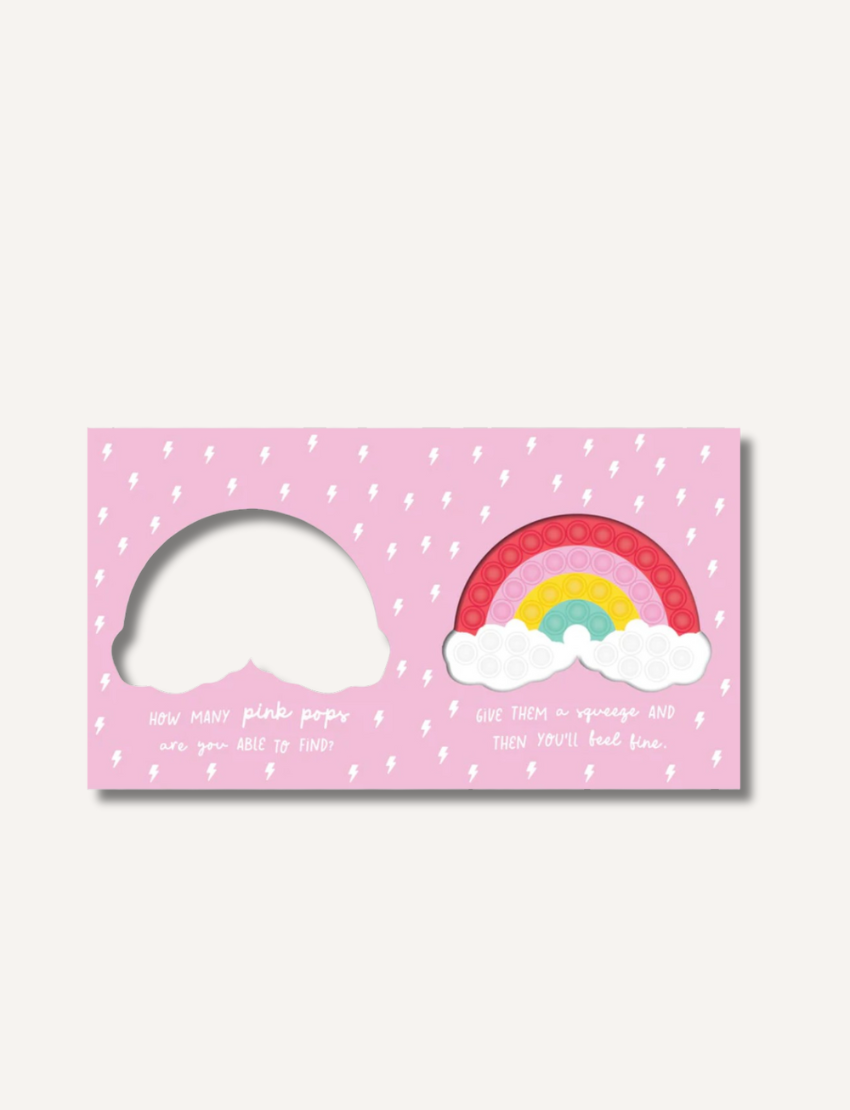 Children's pop-it book with a rainbow design on the cover, titled "RAINBOW" and colorful rain drops.
