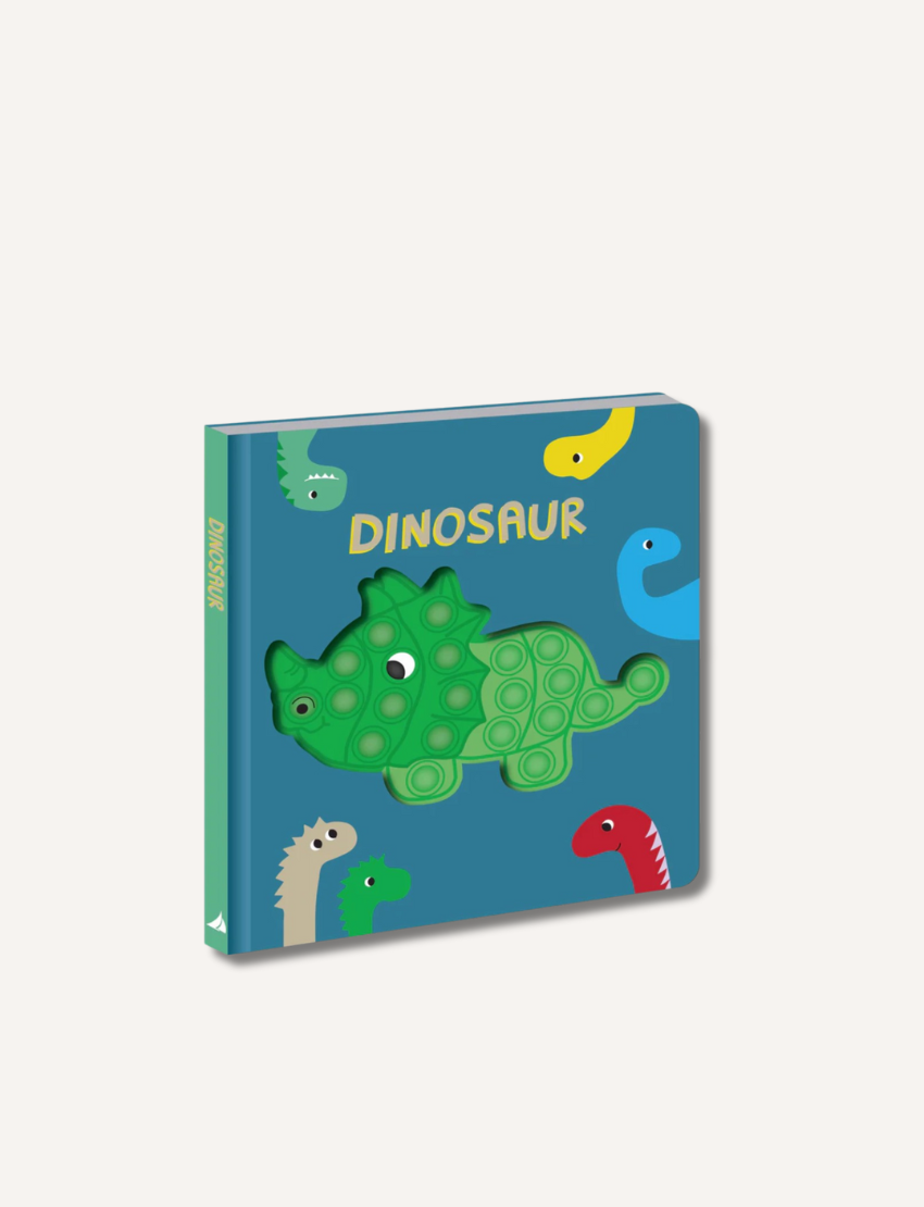 Children's pop-it book with a green triceratops toy on the cover, titled "DINOSAUR".