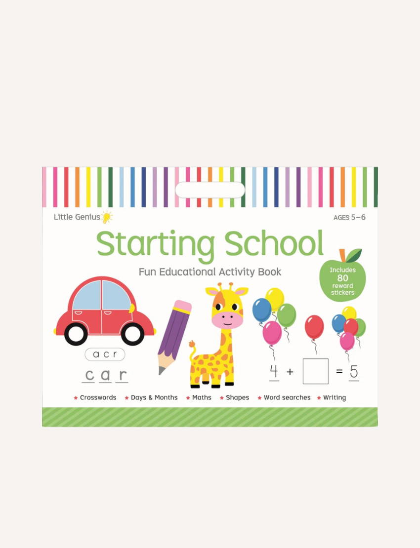 Cover of the Little Genius 'Starting School' Fun Educational Activity Book with a giraffe.
