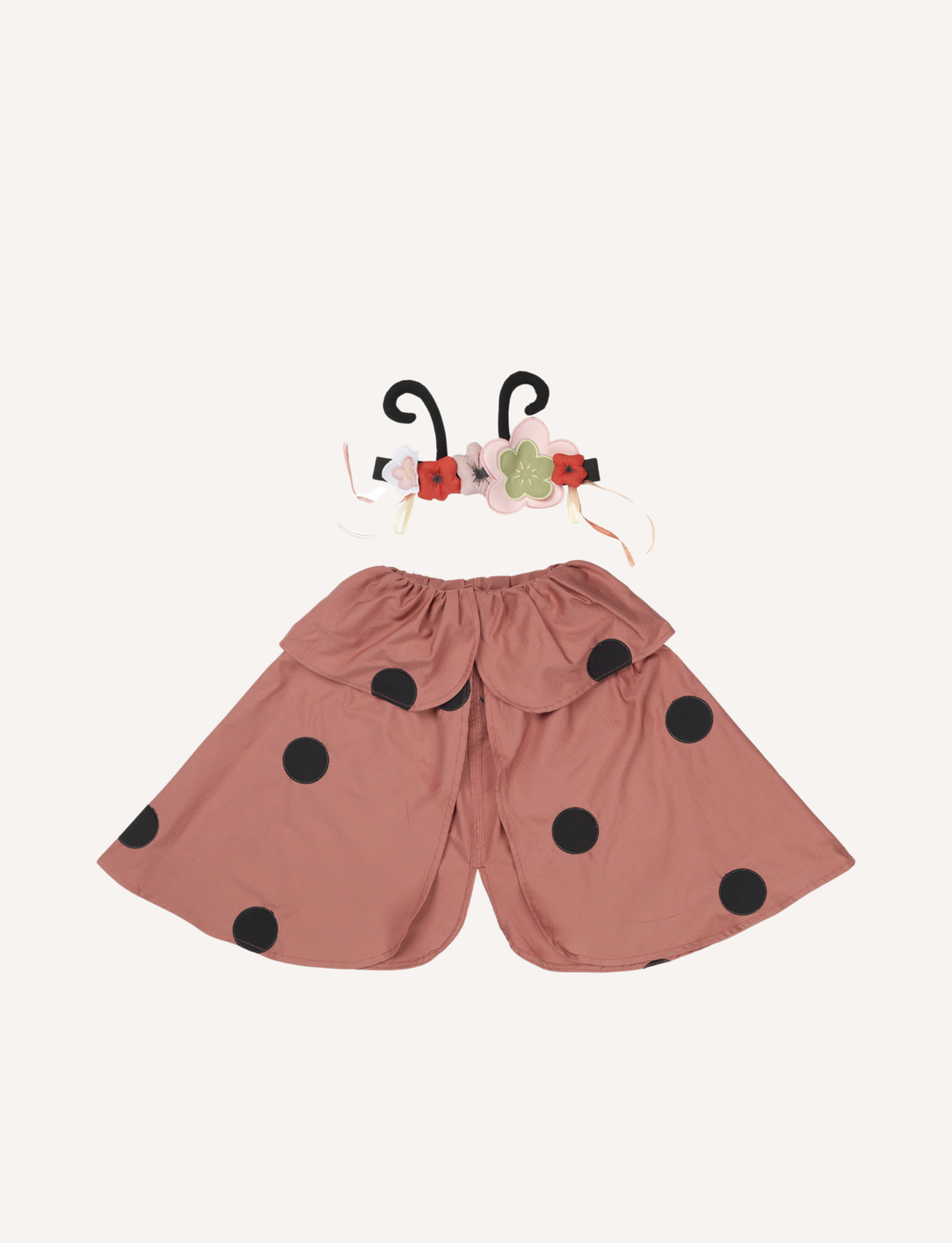 Ladybug dress-up costume with polka dot wings and floral headband with antennae.