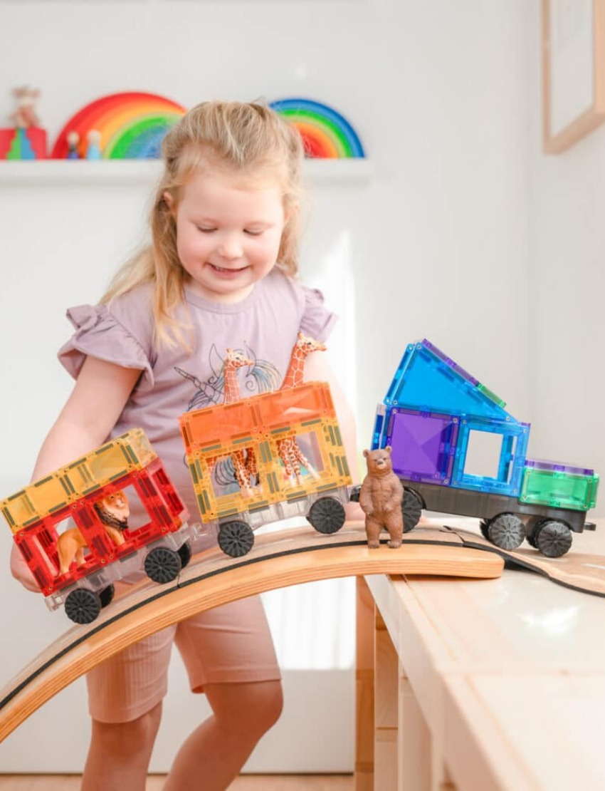 Connetix Rainbow Transport Pack 50 piece magnetic tiles box with illustrations.