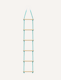 A turquoise rope ladder with wooden rungs, designed for outdoor play and climbing.