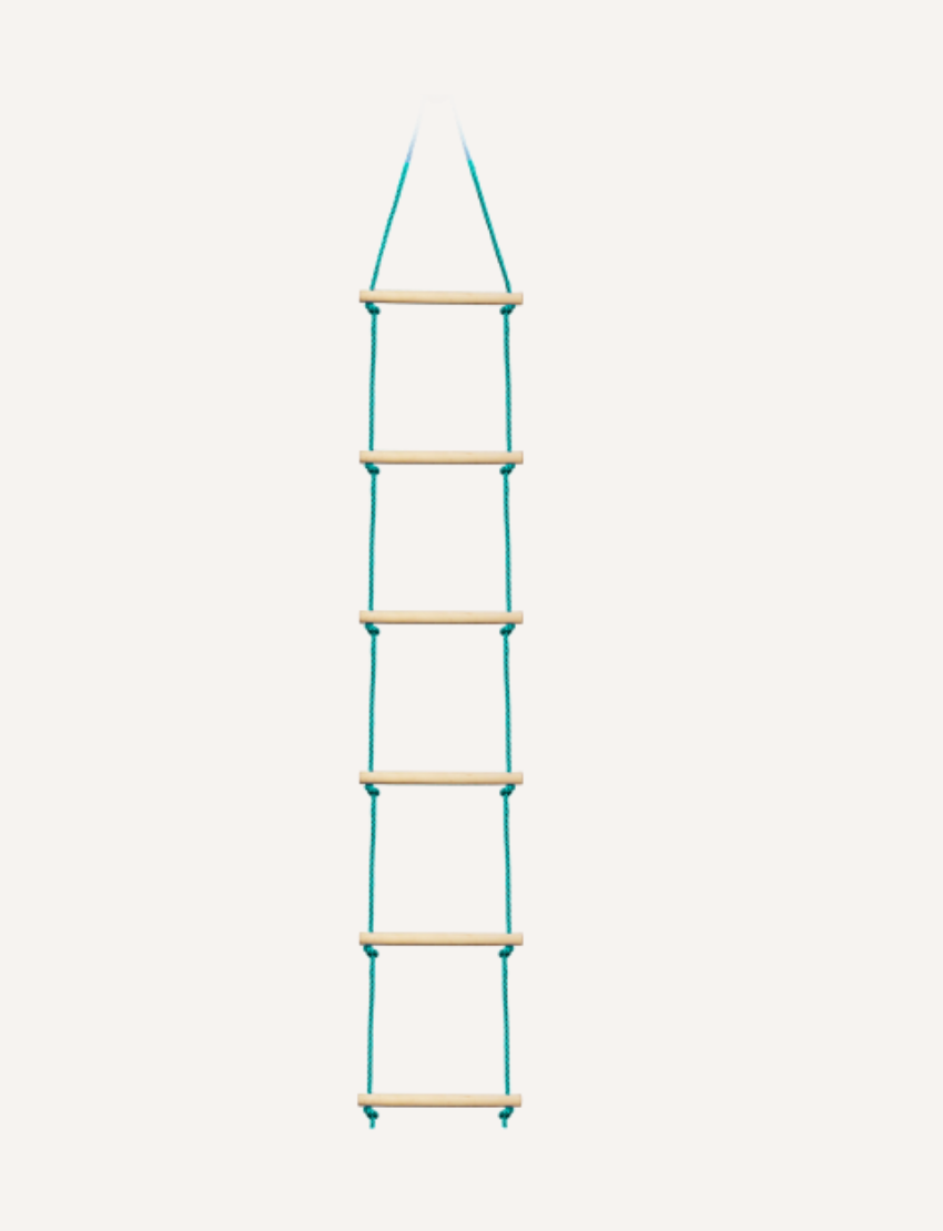 A turquoise rope ladder with wooden rungs, designed for outdoor play and climbing.