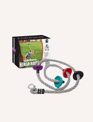 Slackers Ninja Climbing Rope with colorful foot holds and a carabiner, with product packaging.