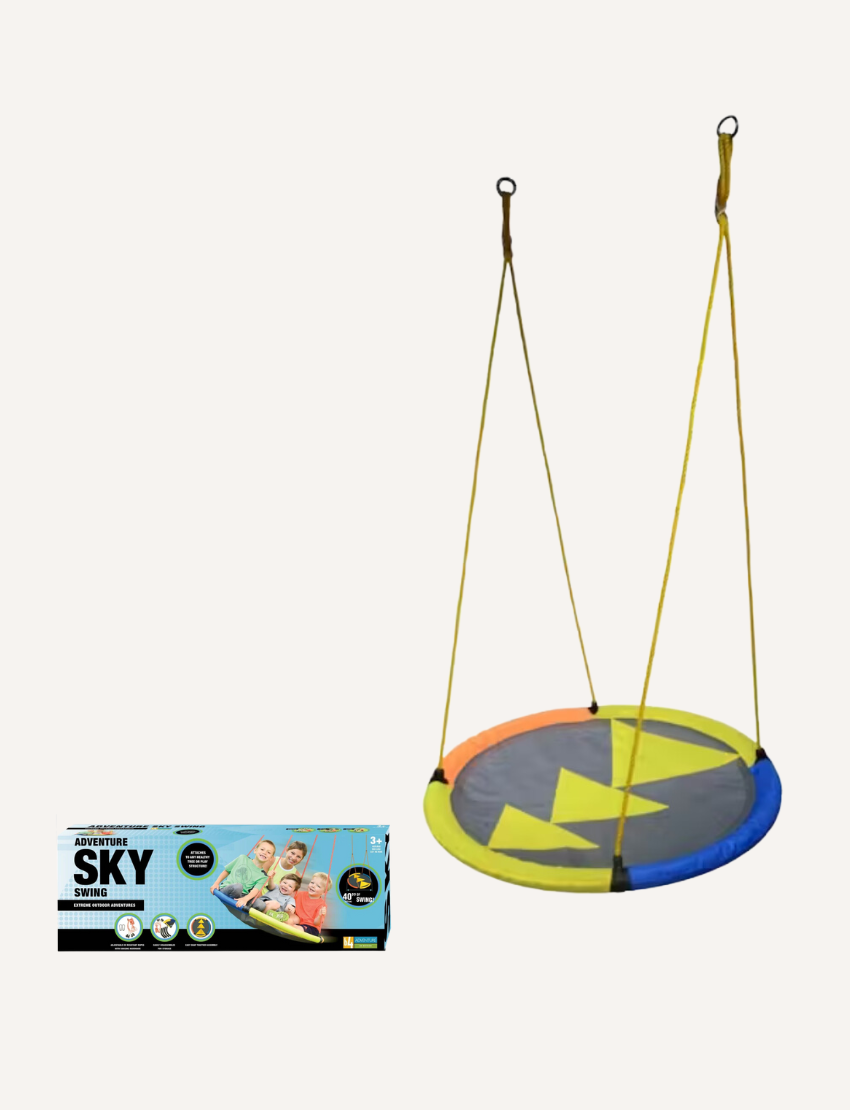 Sky Adventure Swing with family on box, 40-inch diameter, for outdoor play.