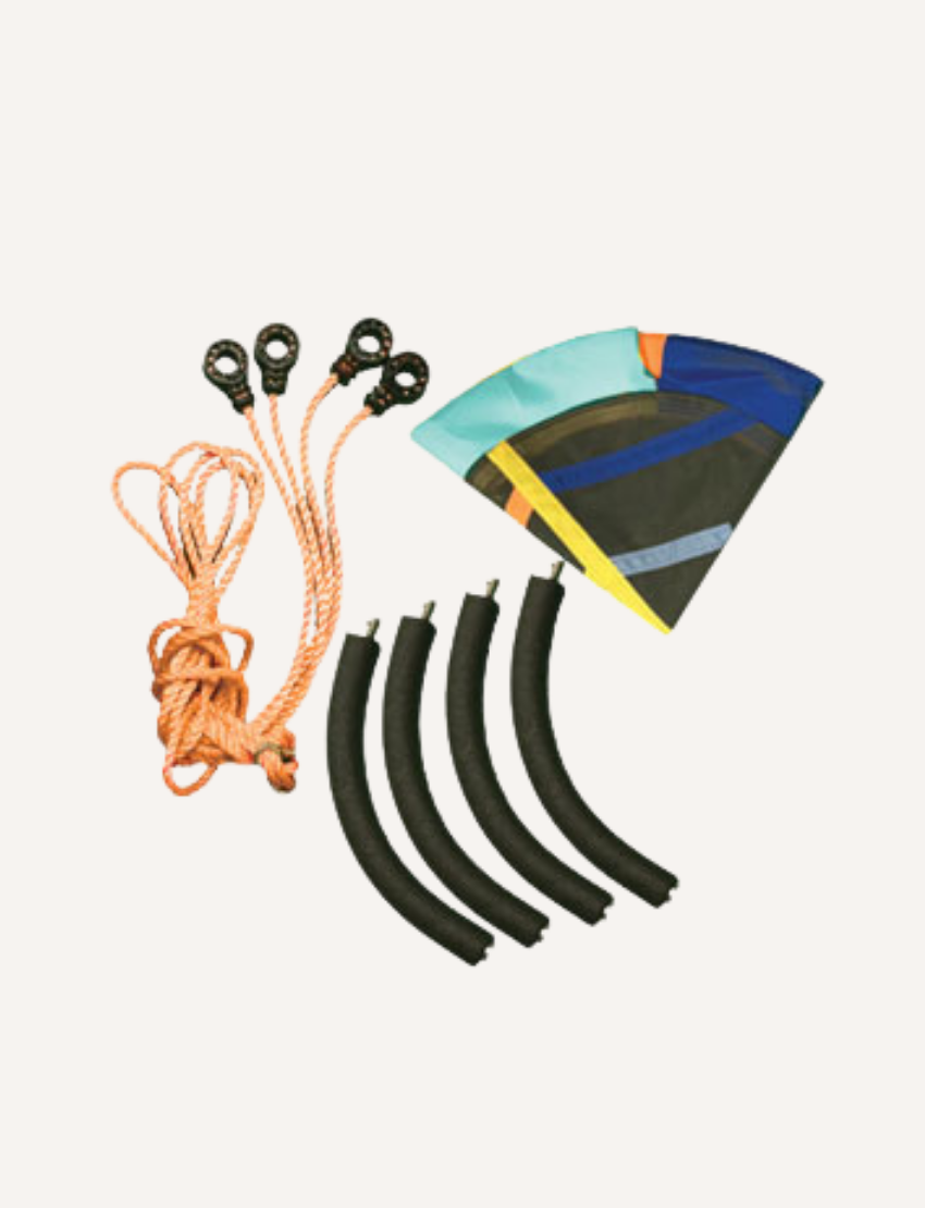 Sky Adventure Chair components: rope, connectors, and padded climbing holds.