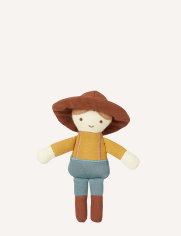 Farmer Joe Pocket Friend soft toy, a cute plush doll with a farmer's hat and overalls.