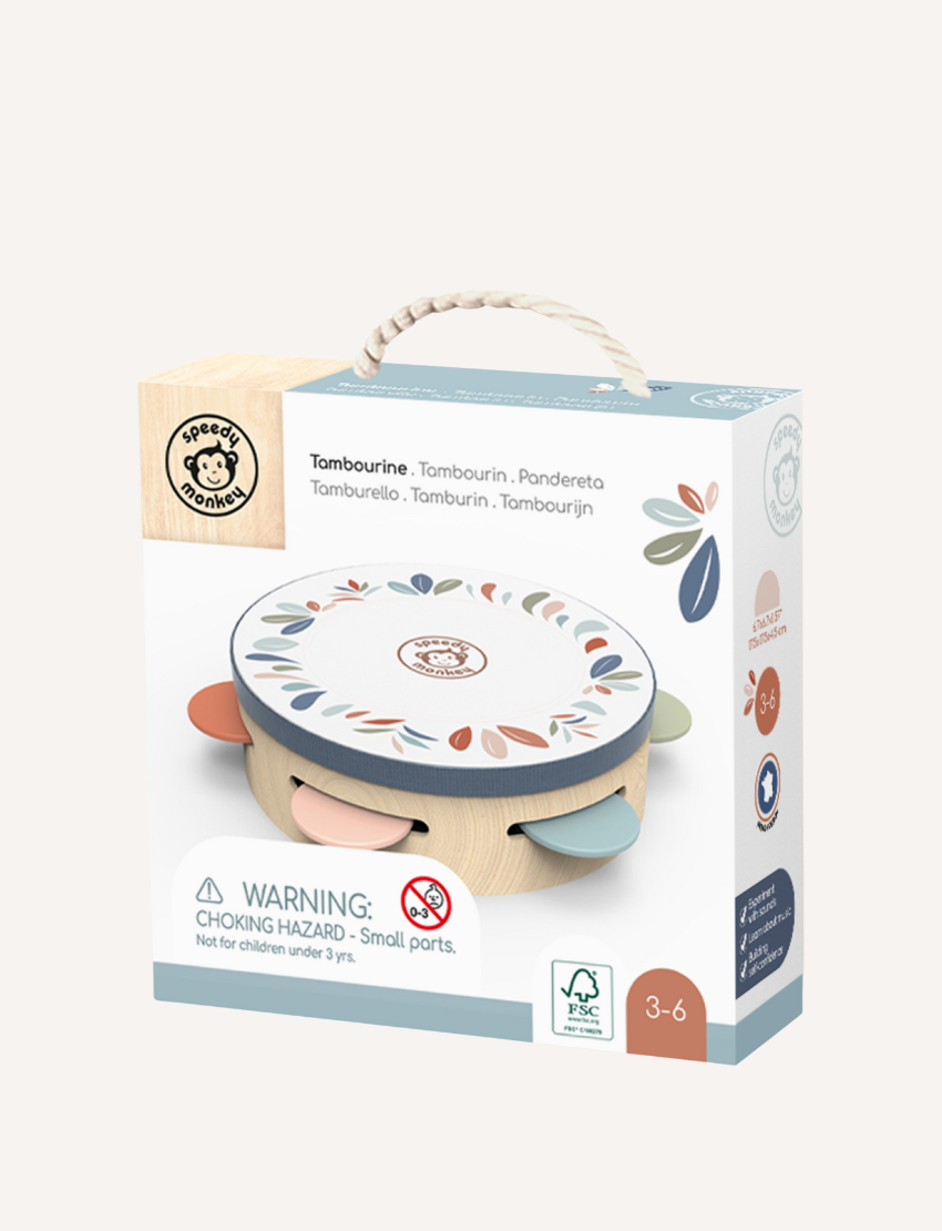 Speedy Monkey tambourine toy in its retail packaging with clear product and warning information.