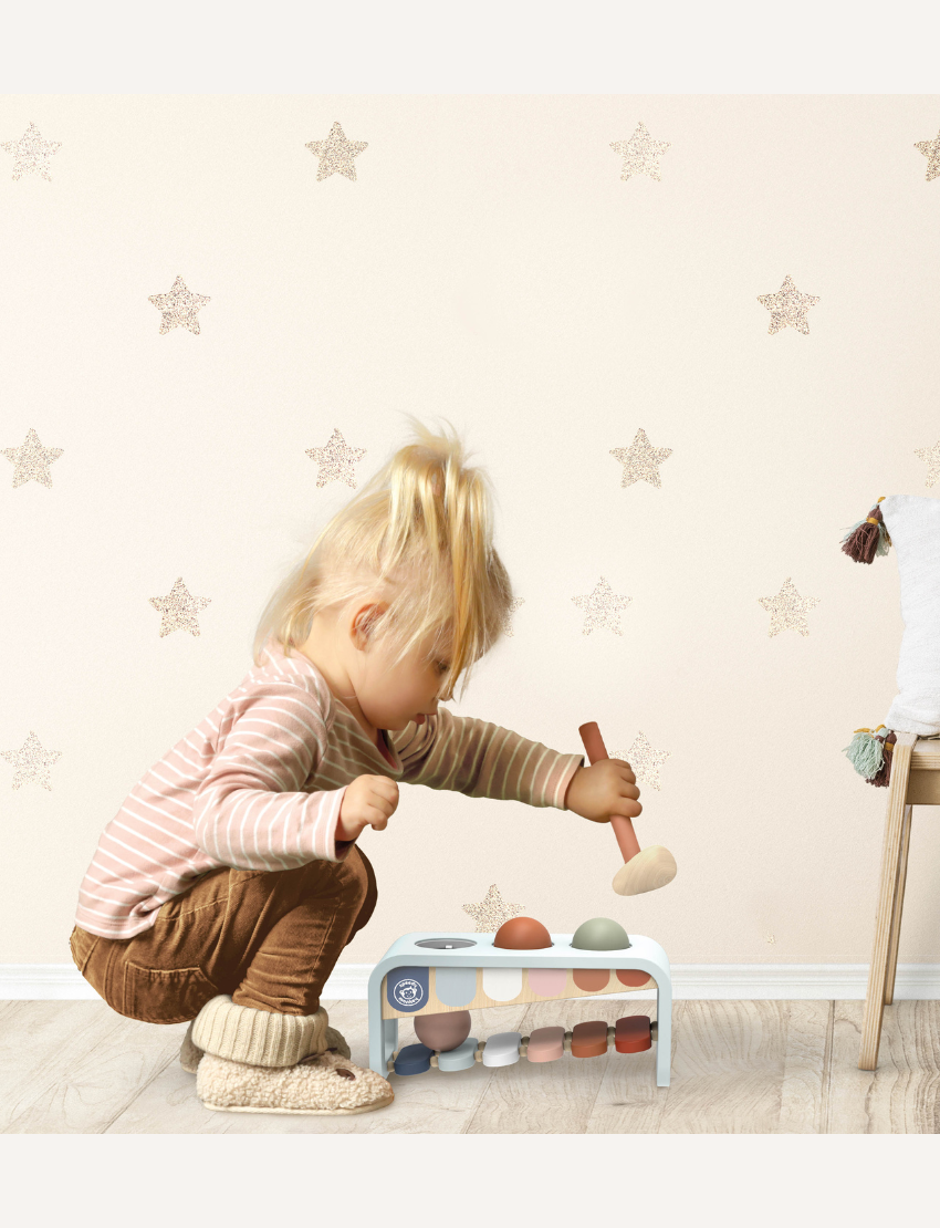 Wooden XyloBench TapTap Xylophone musical toy with colorful keys and balls for toddlers.