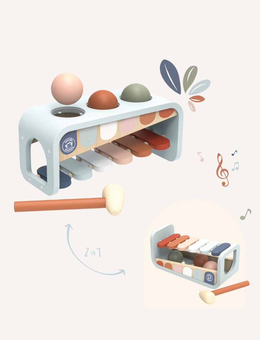 2-in-1 Speedy Monkey xylophone and ball pounder toy, shown in use and product shots.