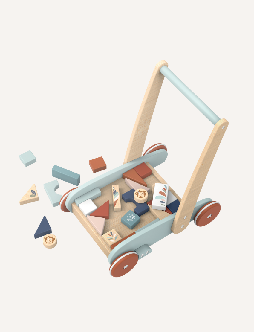 Wooden block walker toy with scattered blocks, showcasing a variety of shapes and animal patterns.