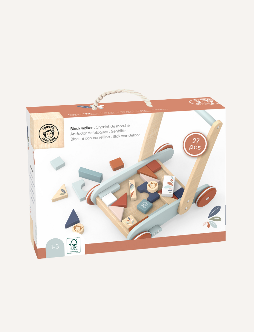 Box packaging for a wooden block walker toy, featuring colorful blocks with animal designs.