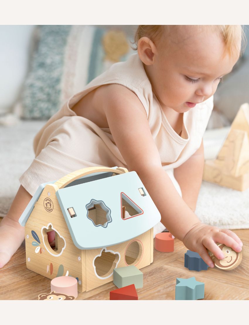 Wooden house shape sorter toy with colorful blocks, showcasing different animal and leaf designs.