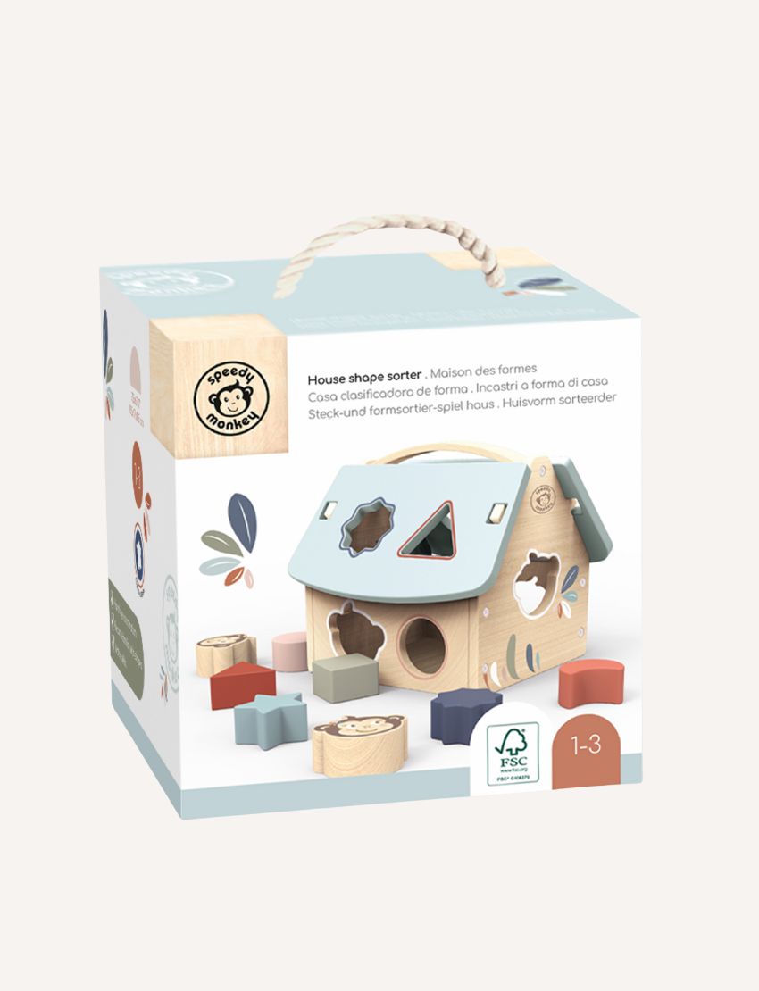 Box packaging for a wooden house shape sorter toy with 8 blocks, featuring farm animal illustrations.