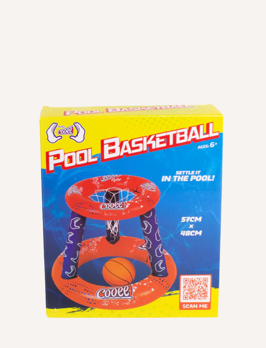 Cooee Pool Basketball game box with dimensions and QR code, featuring kids playing.