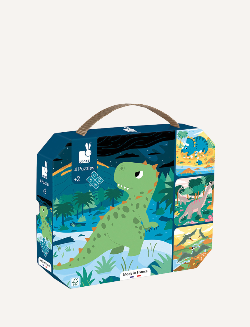 Janod 'Progressive Puzzles Dinosaurs' box featuring a large T-Rex and four detailed puzzles.