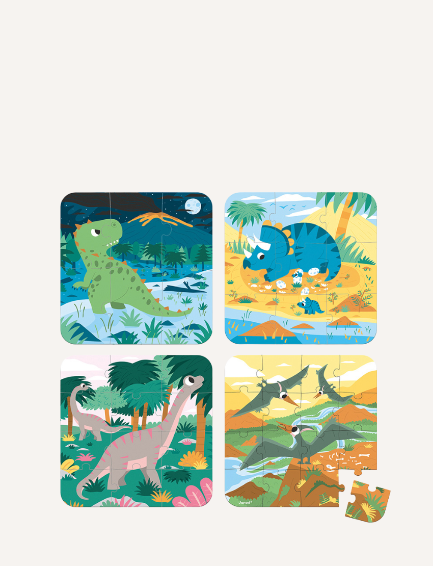 Set of four Janod dinosaur progressive puzzles with various prehistoric scenes and creatures.