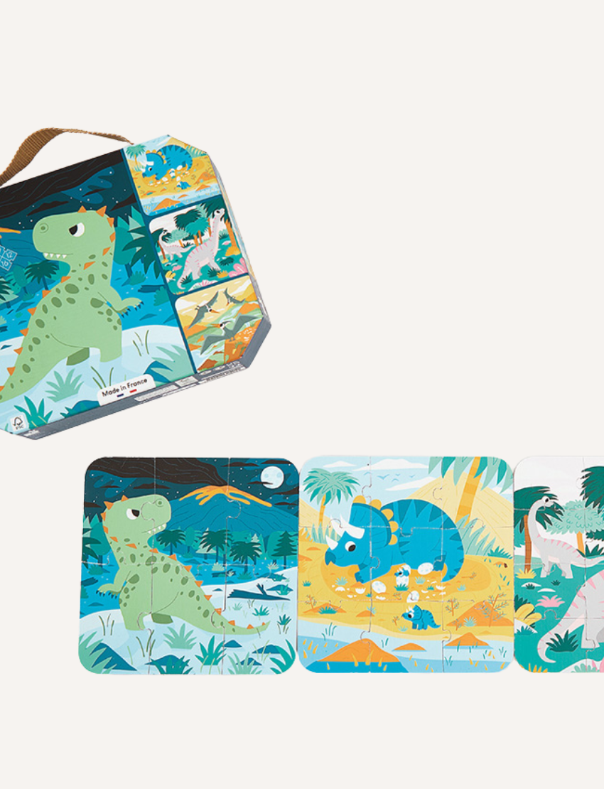Janod dinosaur puzzle set featuring T-Rex, Triceratops, Brontosaurus, and Pterodactyls.