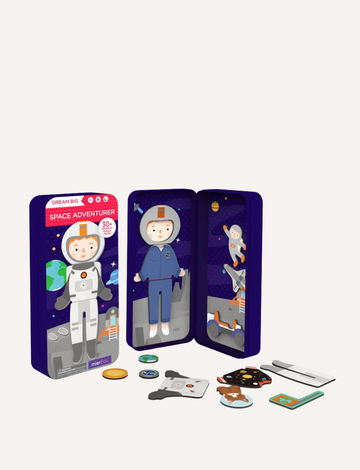 The mierEdu Magnetic Puzzle Box is a space-themed playset with a case featuring an illustrated astronaut and space backdrop, including magnetic puzzles of astronaut pieces, character outfits, and accessories to inspire creativity and brain development.