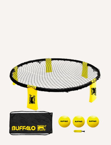 Complete Buffalo Sports Turbo Slam Ball set with black rebound net, three yellow balls, pump, and carry bag for outdoor fun.