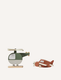 Green and grey wooden helicopter toy and brown airplane toy from a different angle.