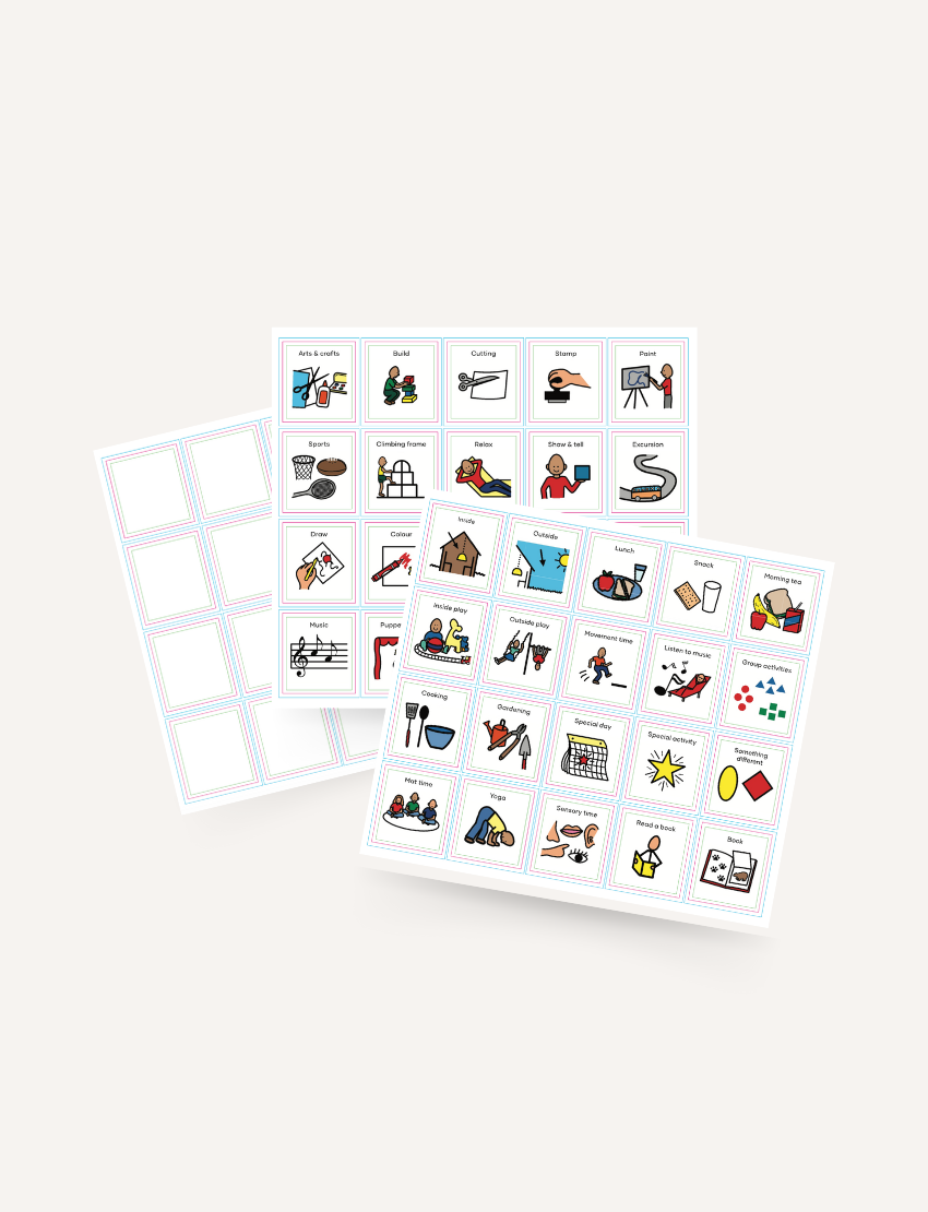 Multiple sheets of Sensory Play Australia Kinder Routine visual magnet cards, a therapist-designed tool for daily schedules.