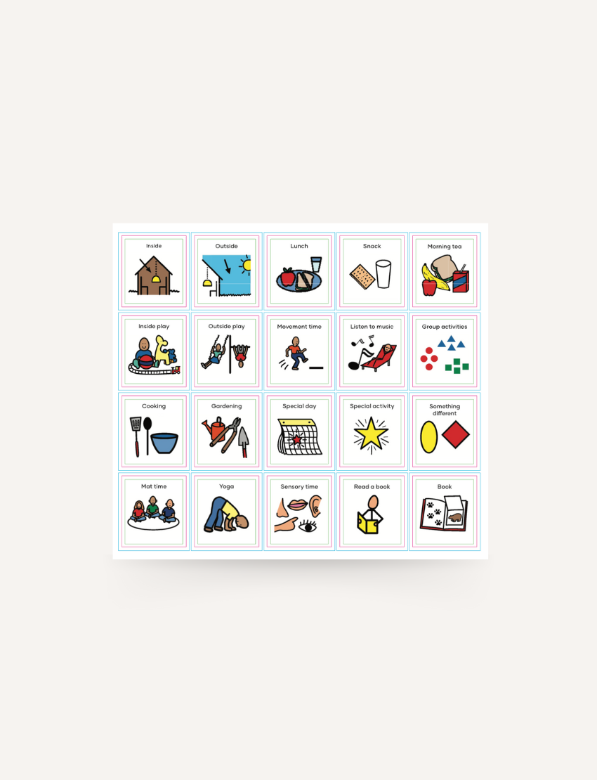 Single sheet of Sensory Play Australia Kinder Routine visual magnet cards, a therapist-designed tool for daily activities.