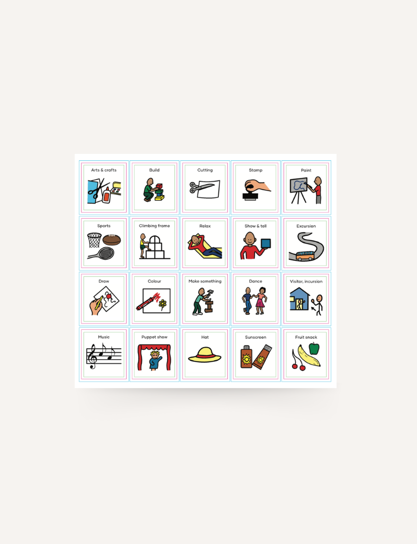 Sheet of Sensory Play Australia Kinder Routine visual magnet cards with icons like Arts & Crafts, a therapist-designed tool.