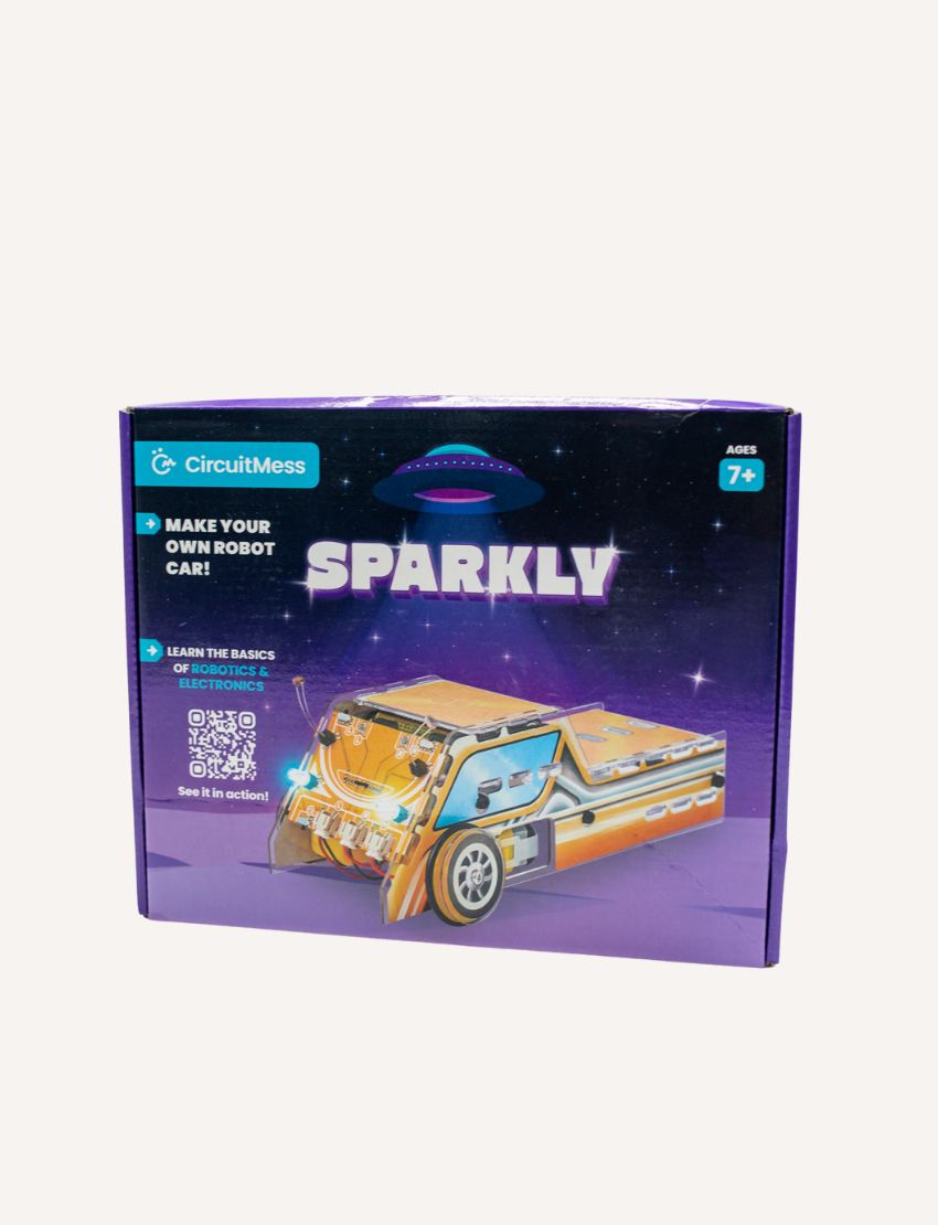 CircuitMess Sparkly STEM kit box, featuring a robot car and space-themed graphics, for ages 7+.