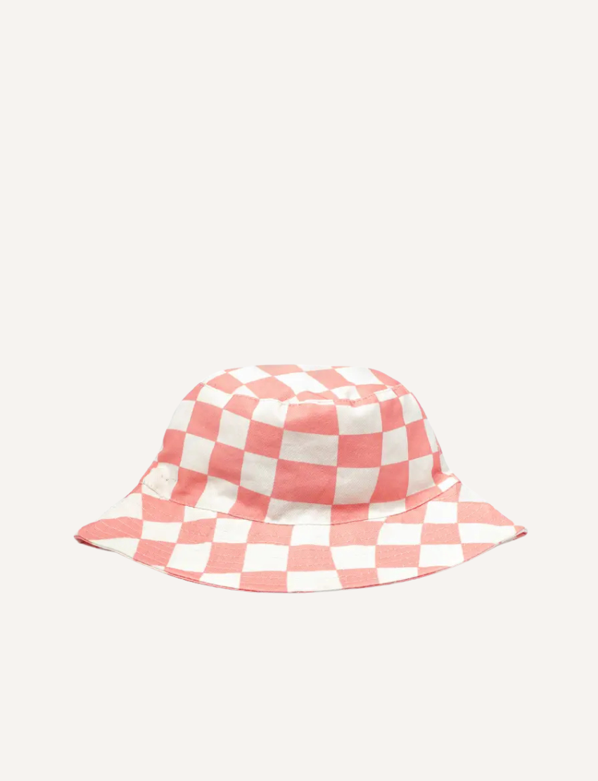 Pink and white checkered bucket hat, perfect for sunny days and stylish adventures.