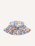 White bucket hat with a fun, abstract pattern of clouds and shapes.