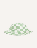 Green and white checkered bucket hat, a cool accessory for outdoor fun.
