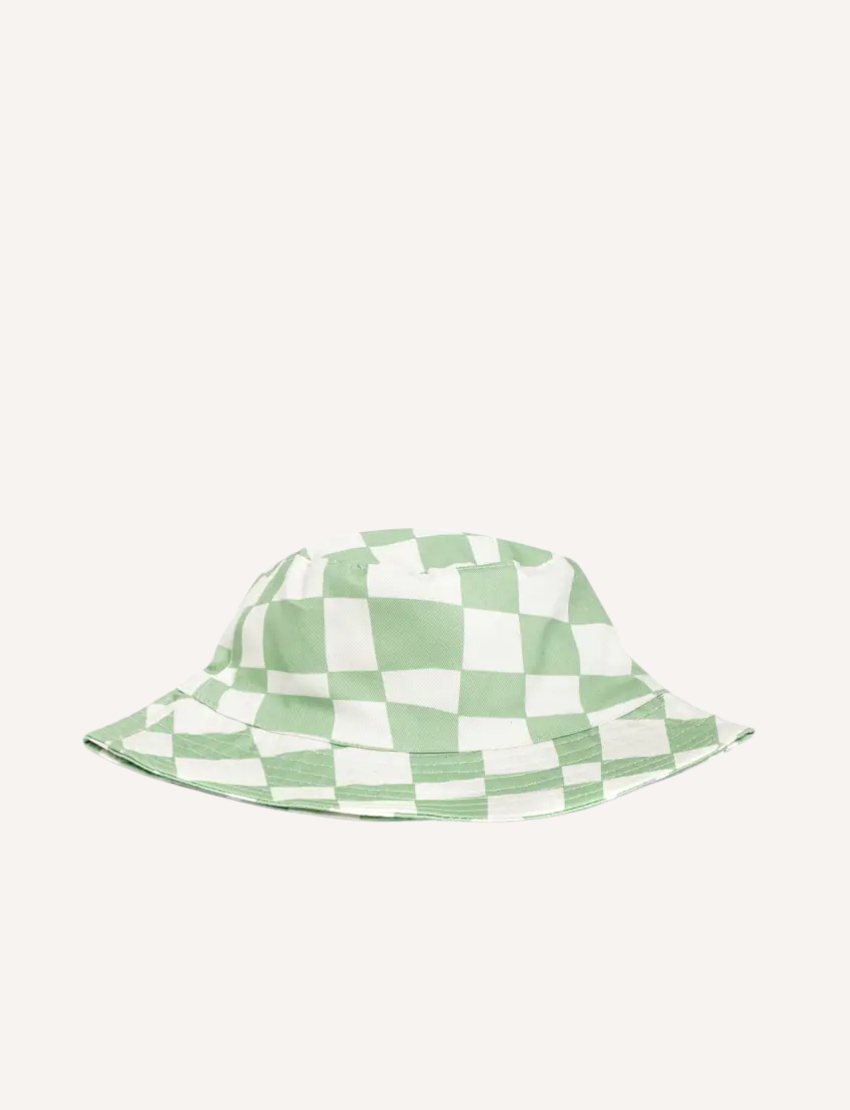 Green and white checkered bucket hat, a cool accessory for outdoor fun.