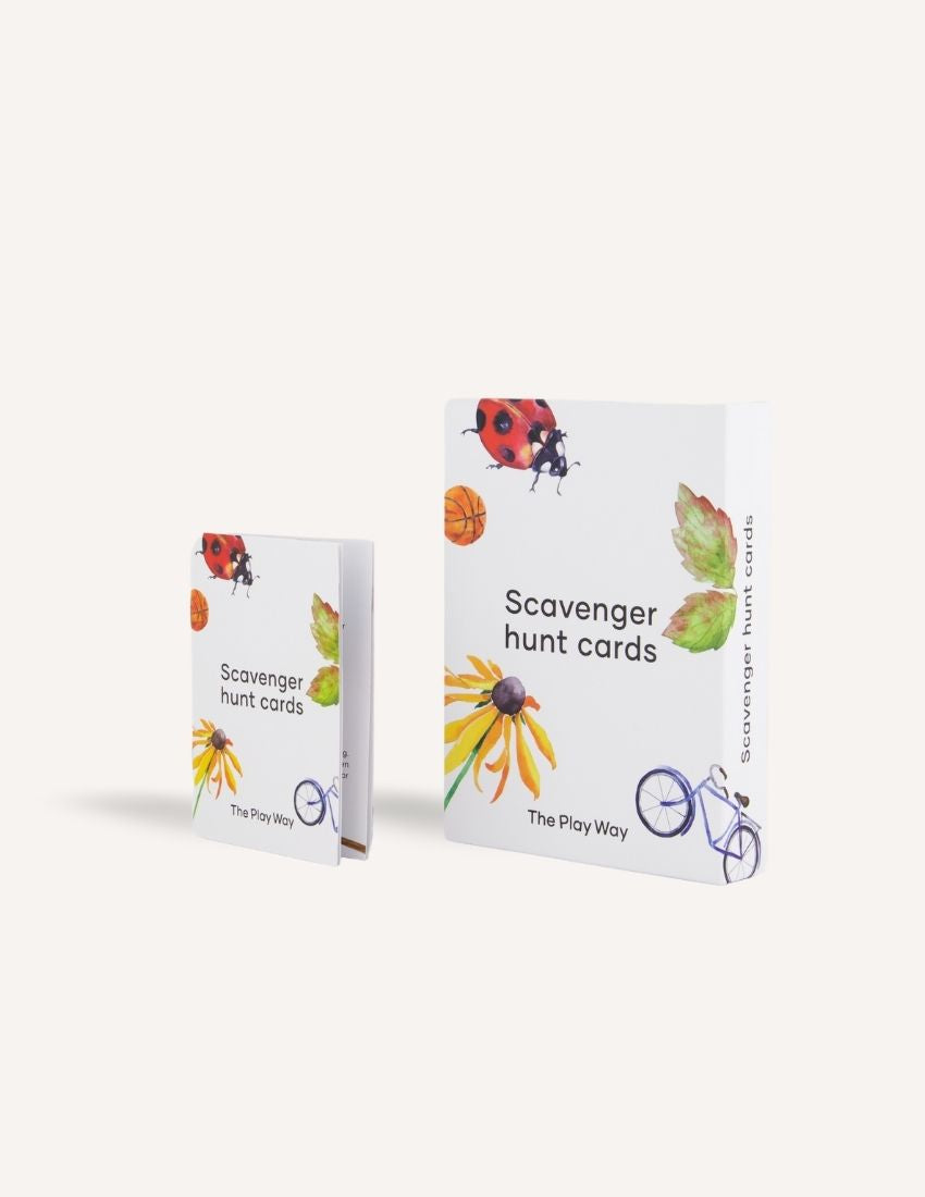 Sensory Play Australia Scavenger Hunt Cards in two boxes, featuring nature illustrations. These cards boost gross motor skills and turn physical activity into a fun adventure.