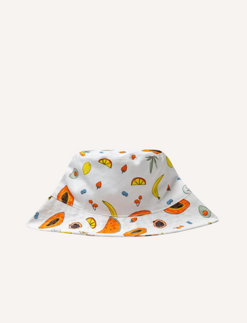 White bucket hat adorned with a playful pattern of fruits like papaya and bananas.