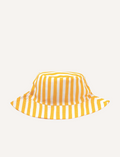 Yellow and white striped bucket hat, a cheerful and classic sun accessory.
