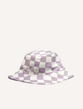 Stylish light purple and white checkered bucket hat, perfect for kids' trendy summer fashion and sun protection.
