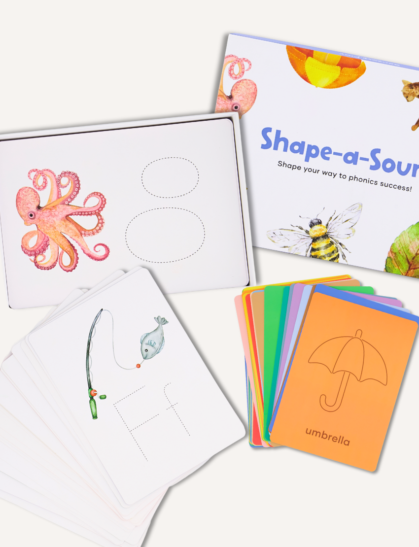 Shape-a-Sound' phonics game box from Sensory Play Australia. This therapist-designed tool with animal illustrations helps children with letter formation, sound recognition, and literacy skills.
