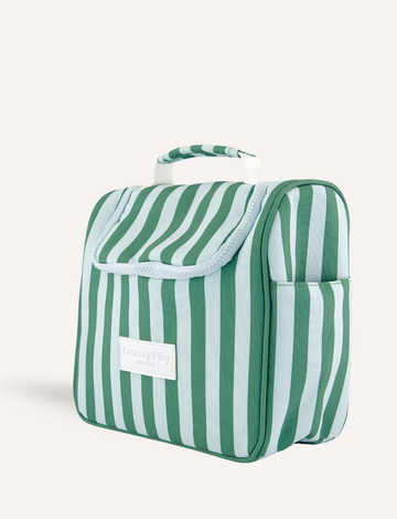The Sensory Play Australia Toiletry Bag, featuring a white and green striped design with a top handle, Velcro front flap, and side pockets, is perfect for organizing essentials. It stands upright against a plain light background for travel convenience.