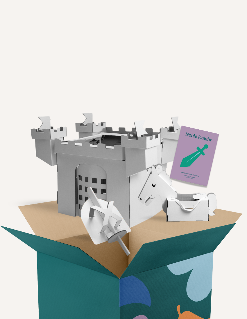 Cardboard castle kit and horse with 'Noble Knight' activity book, displayed overflowing from a teal box.